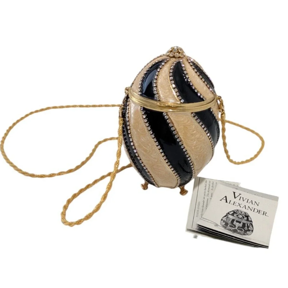 Vivian Alexander Black Gold Striped Enamel Crystal Bead Rhea Duchess II Egg Bag